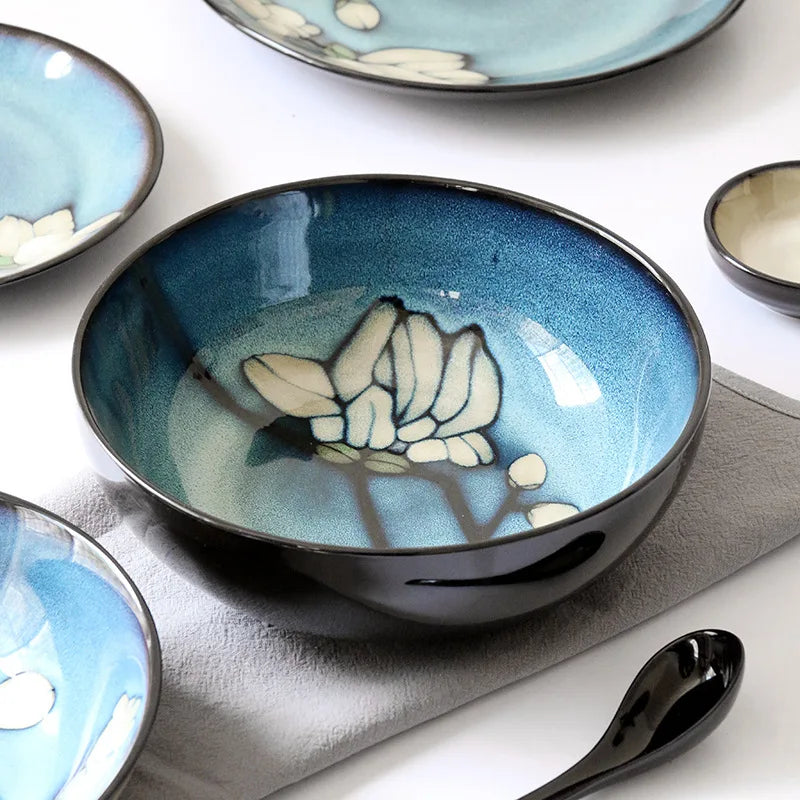 Juego de cuencos hondos para sopa pintados a mano de estilo japonés | Vajilla elegante