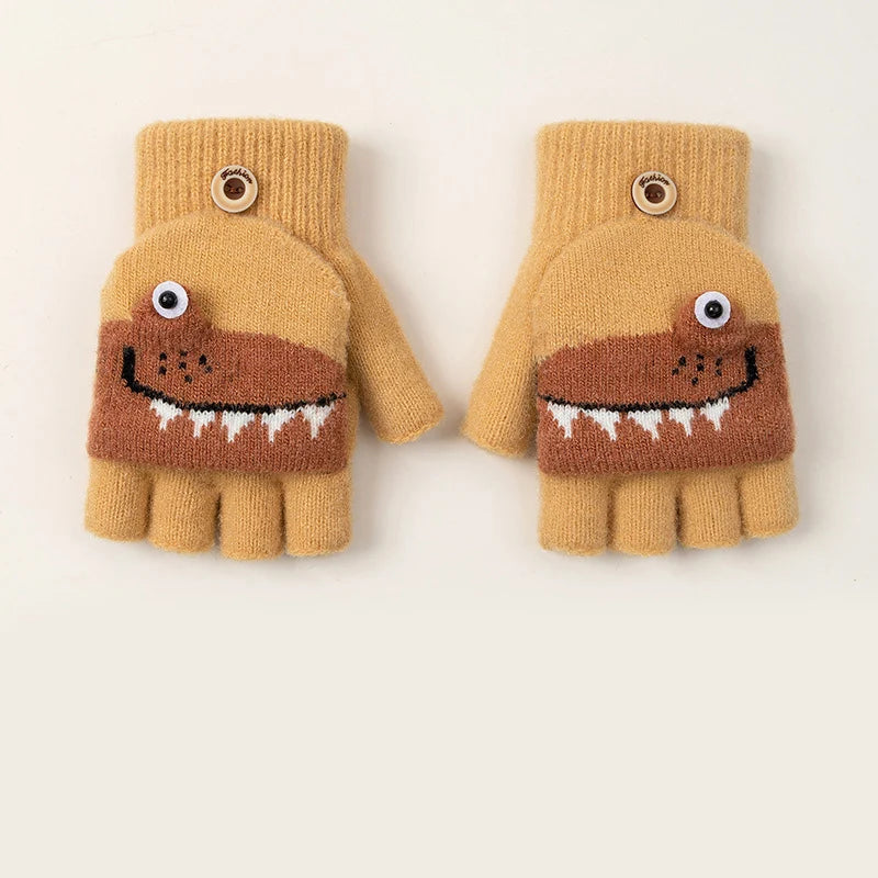 Kids Knitted Alligator Writing Gloves | Warm Winter Fingerless Gloves