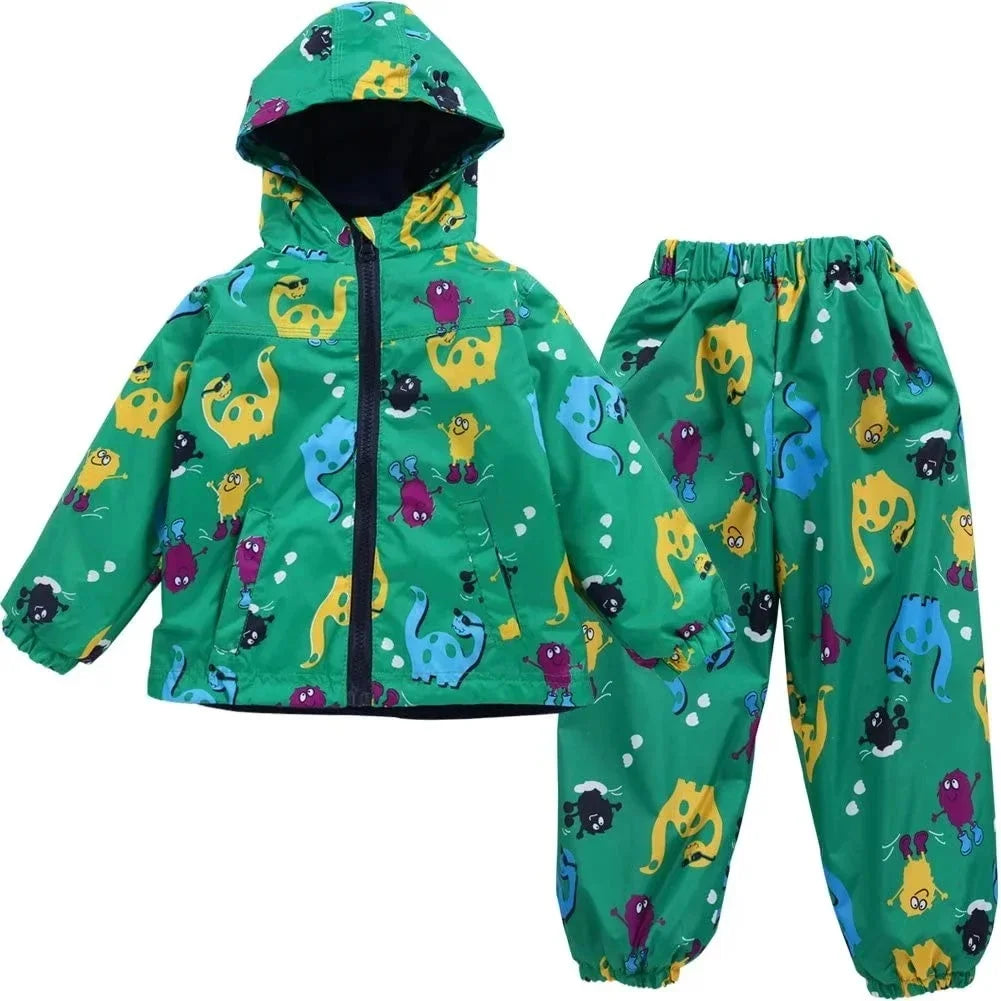 Conjunto infantil de chubasquero y pantalones impermeables con diseño de dinosaurio y unicornio