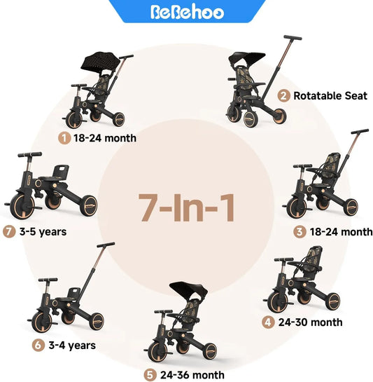 Cochecito triciclo plegable para niños pequeños | Bicicleta de empuje 3 en 1