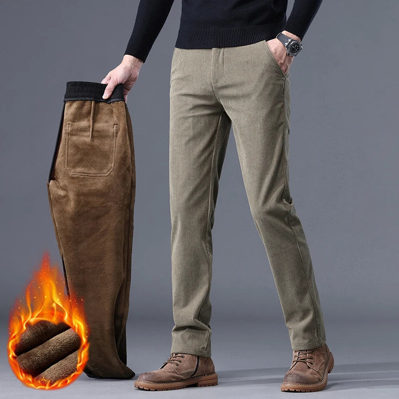 Men's Thick Fleece Corduroy Pants | Winter Warm Business Casual Trousers
