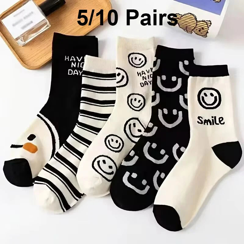 Happy Face Crew Socks - Cute Cartoon Cat Mid Tube Socks for Women