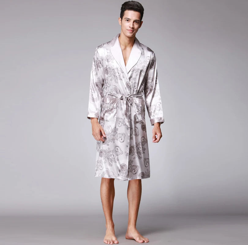 Traditional Japanese KIMONO Fashion YUKATA Oriental Gold Dragons Pattern Bathrobe Summer Men Ice Silk Robes Pajamas  Sleepwear