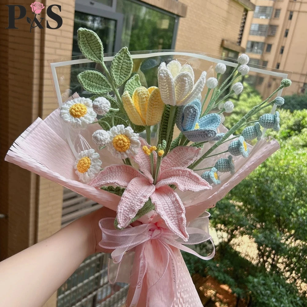 Ramo de Flores Tejido a Crochet a Mano | Elegantes Regalos de Decoración para el Hogar