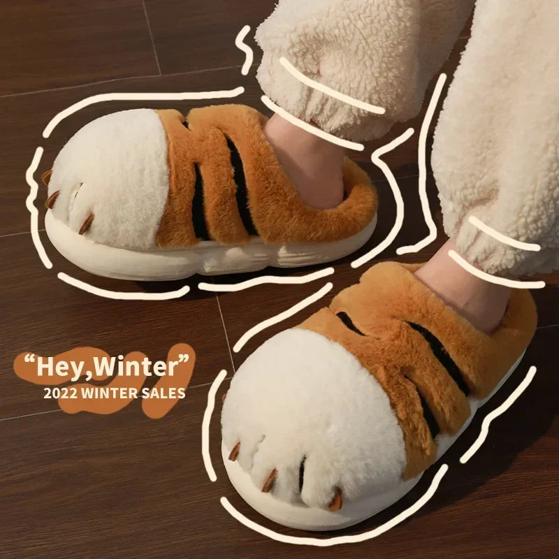 Women's Cute Cartoon Tiger Paw Plush Slippers | Cozy Winter Slides
