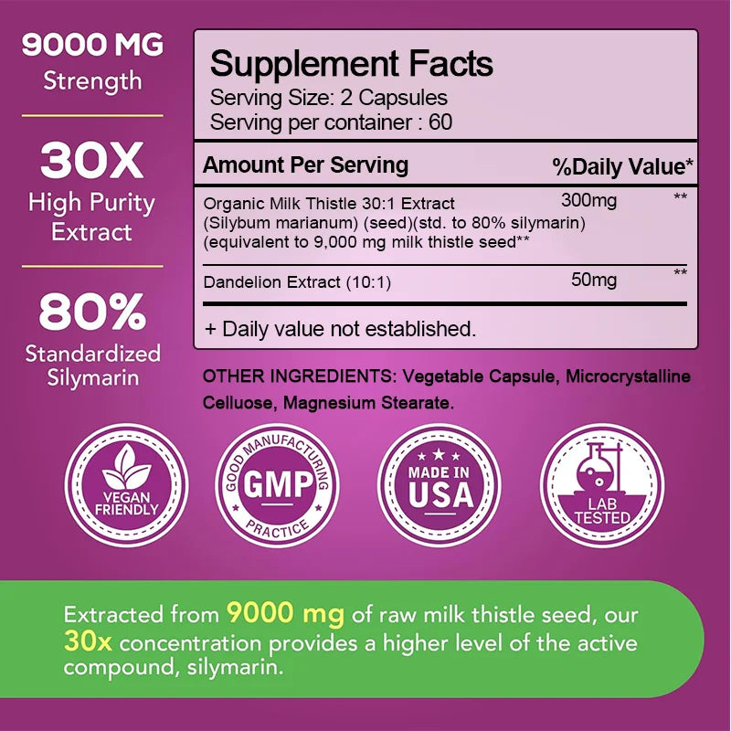 Organic Milk Thistle 9000mg - 30X Concentrated Extract with 80% Silymarin for Liver Cleanse, Detox & Fatty Liver Support