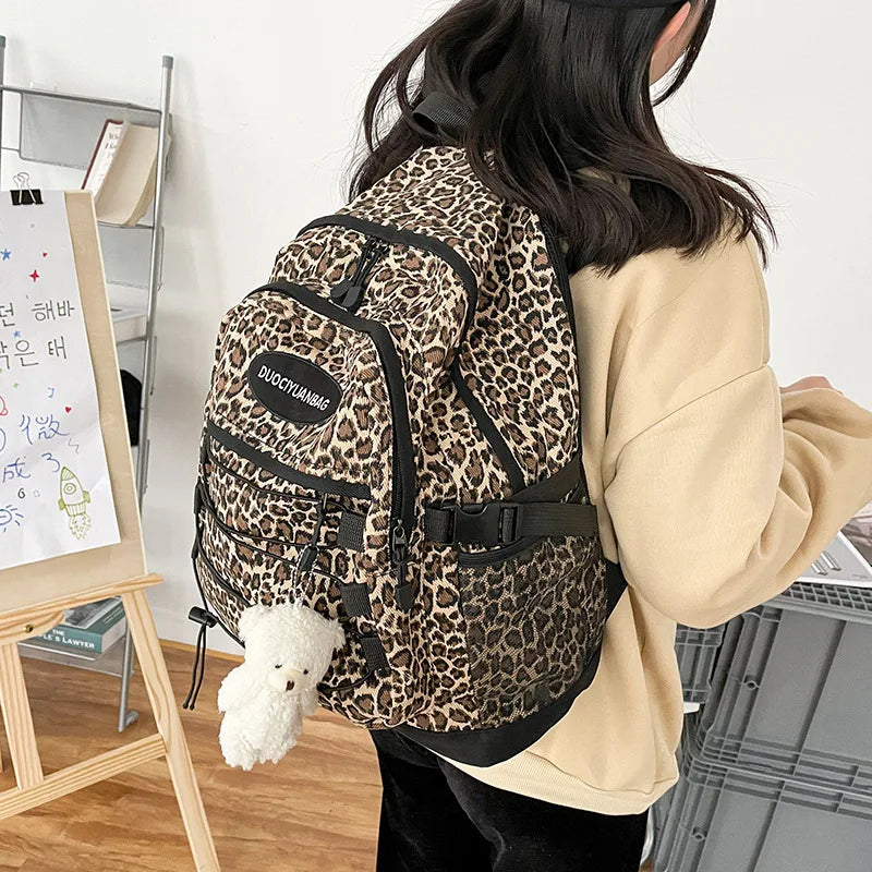 Vintage Leopard Print Backpack, Large Capacity School Bookbag with Side Mesh Pouch, for Students Travel Outdoor Streetwear