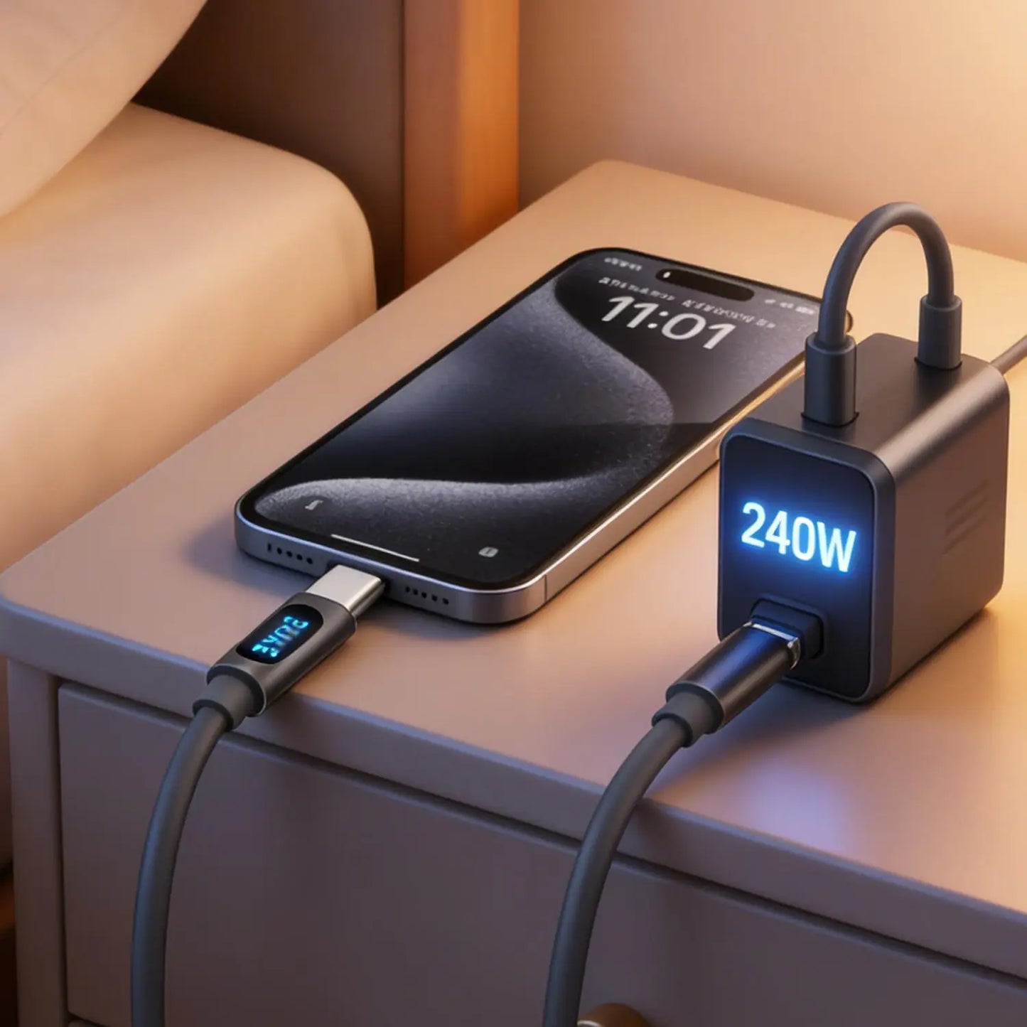 USB C To Type-C Charger Cable 240W High-speed Quick Charging LED Digital Display Data Line for IPhone 17 Samsung Xiaomi Huawei