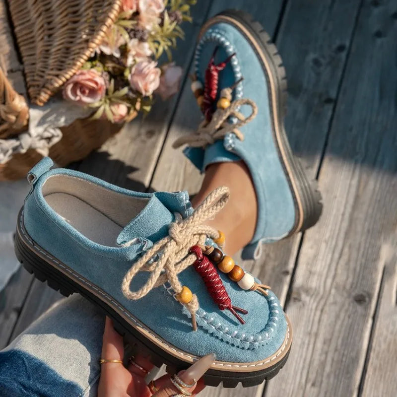 Women's Lace-Up Retro Bead Sneakers | Stylish Flat Shoes