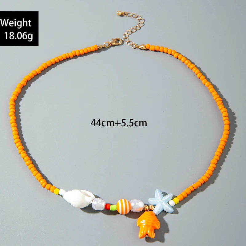 Y2K Boho Acrylic Ceramic Fish Starfish Mushroom Pendant Colorful Bead Choker Necklace For Women Beach Ocean Jewelry Accessories