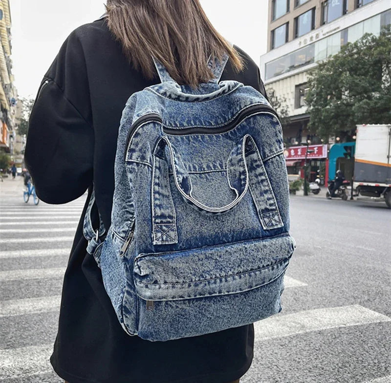 Casual Denim Backpack | Large Capacity Laptop Bag for School & Travel
