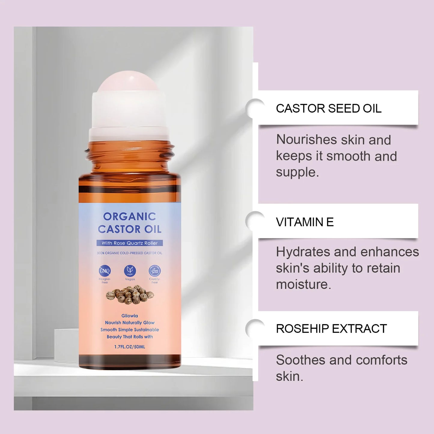 Natural Organic Castor Oil with Rose Quartz | Moisturizing Roll-On