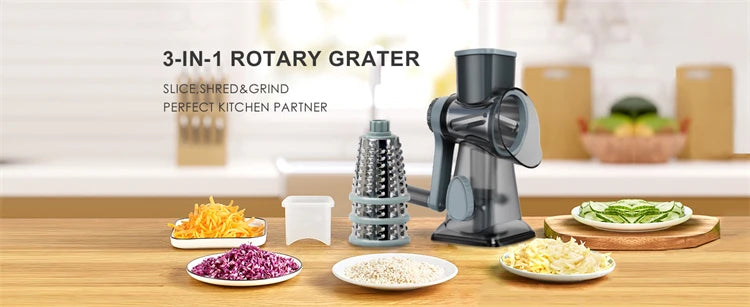 Versatile 3-in-1 Rotary Cheese Grater | Manual Vegetable Slicer