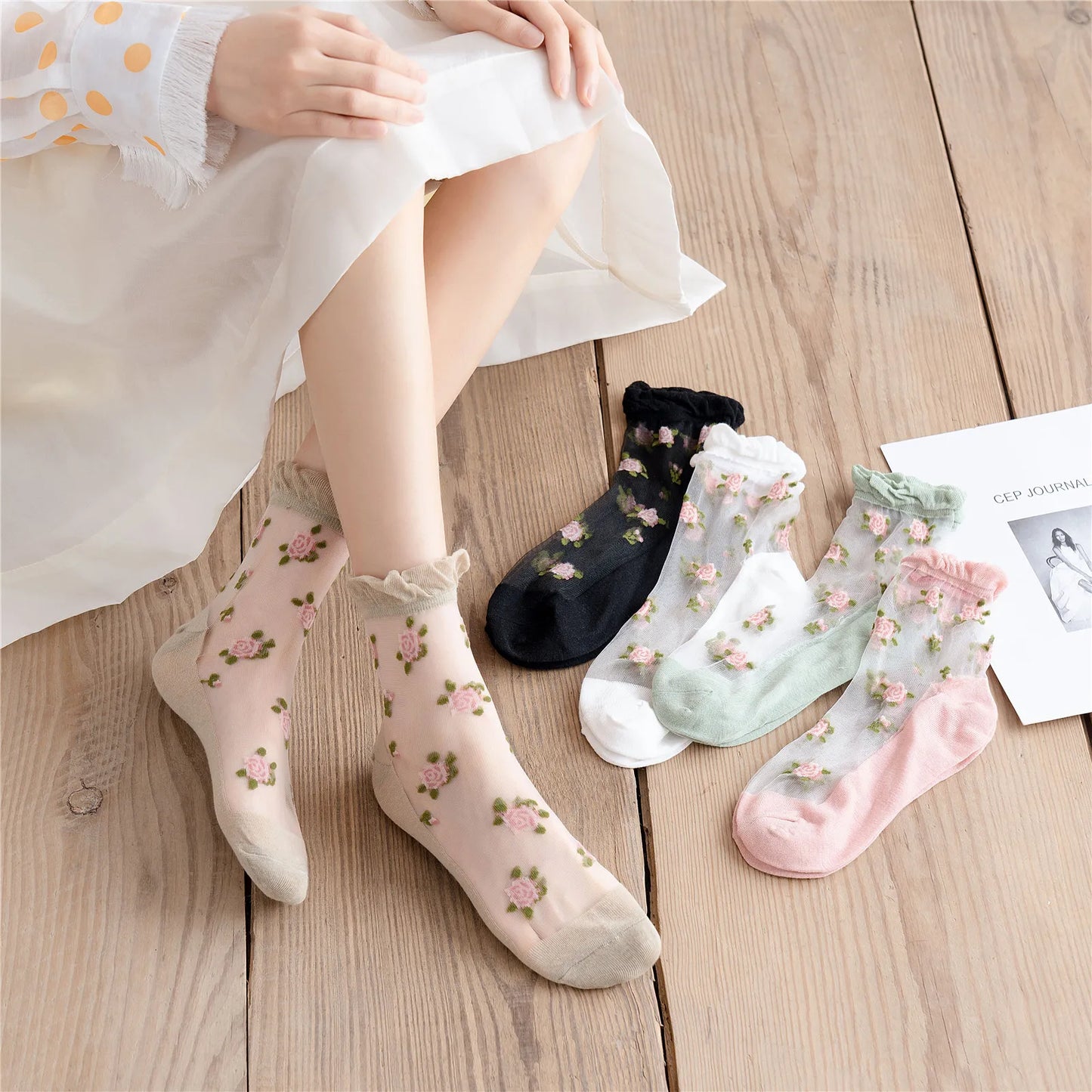 Women's Ultra-thin Lace Ruffle Socks | Vintage Rose Floral Style