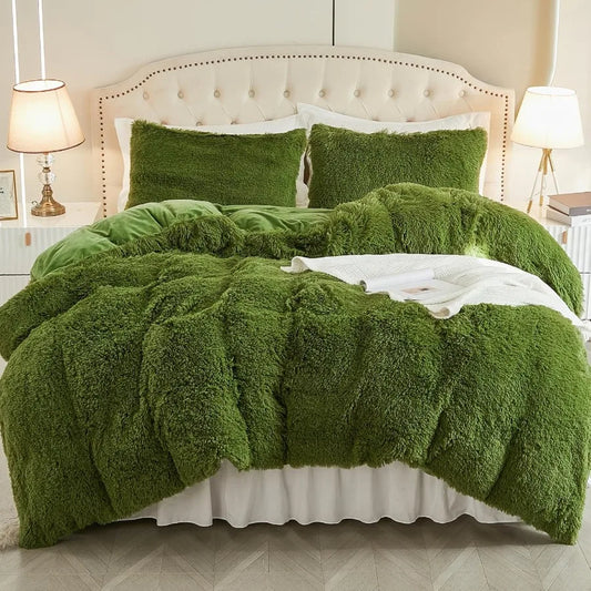 King Size Luxury Green Fuzzy Duvet Cover Set — 3-Piece Fluffy Shaggy Plush Soft Comforter Cover Bedding Set for King Bed