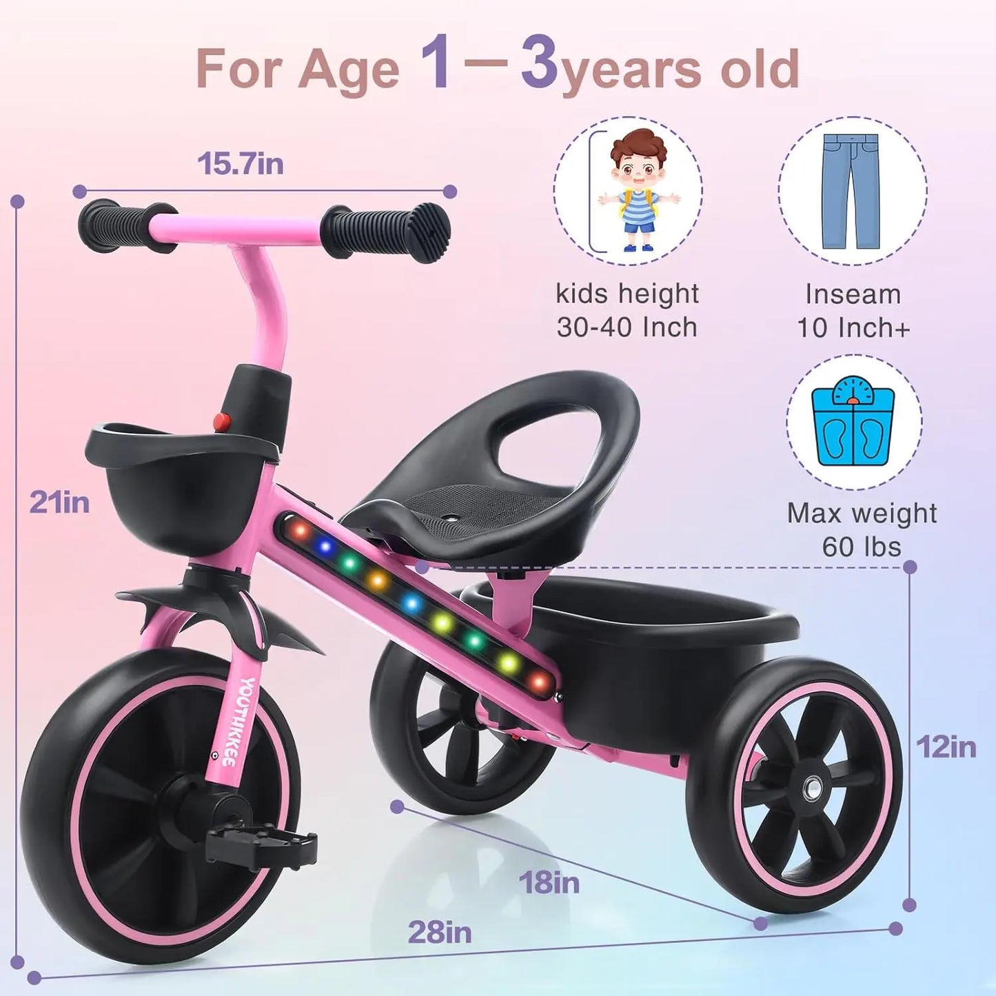 Kids Tricycle with LED Lights | Safe & Fun for Toddlers