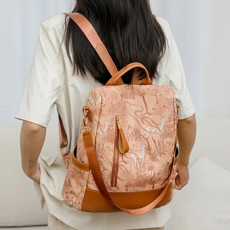 Stylish Color Blocking PU Leather Backpack | Anti-Theft Travel Bag