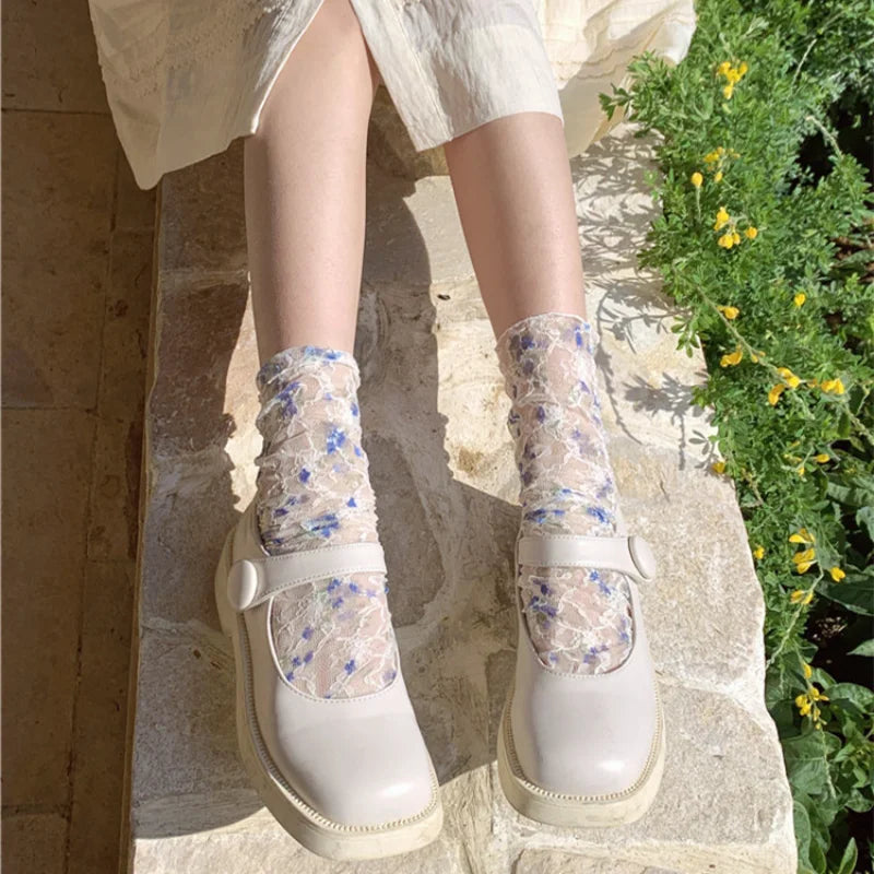 Stylish Korean Lace Flower Long Socks for Women | Breathable Comfort