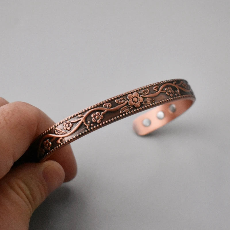Vintage Floral Engraved Solid Copper Magnetic Therapy Cuff Bracelet