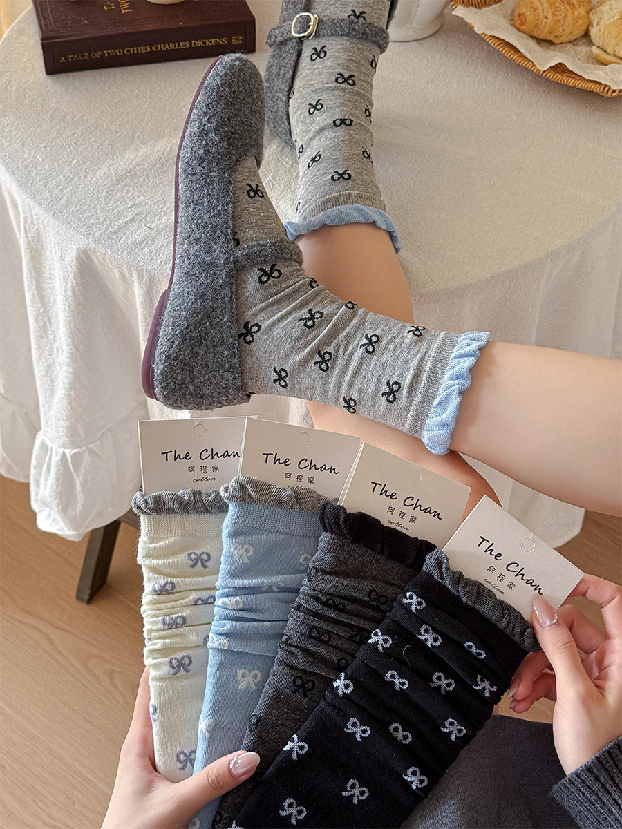 Fashionable Women's Cotton Socks Set | Trendy Bowknot Style