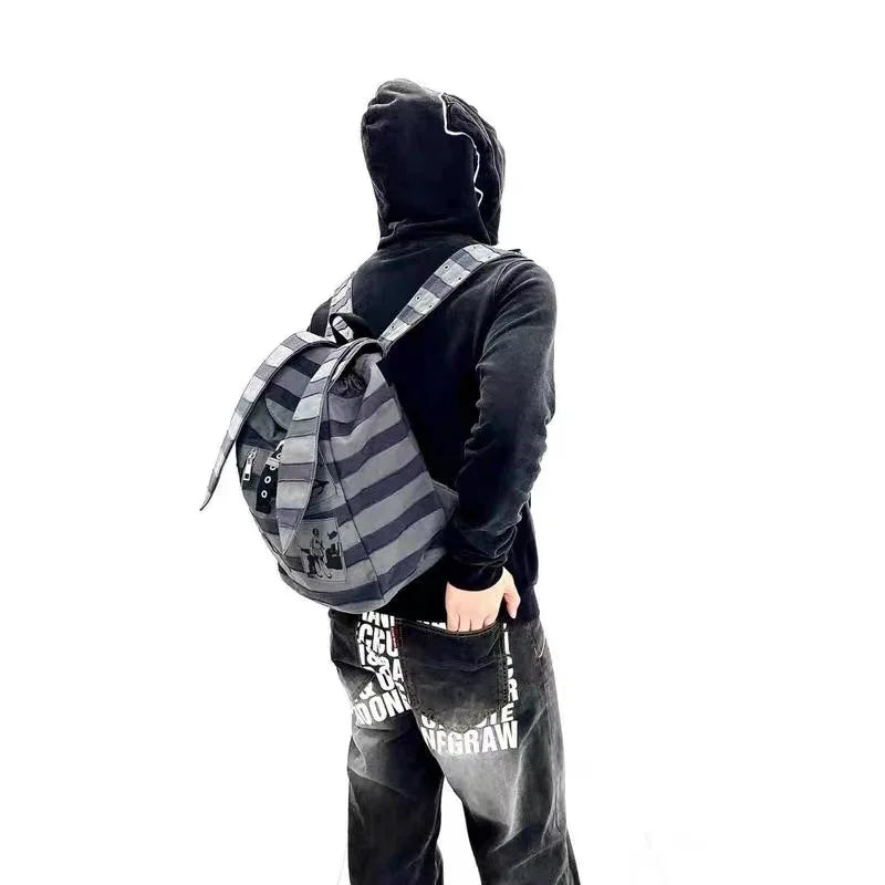 Vintage Striped Rabbit Ear Backpack | Unisex Punk Hip Hop Style