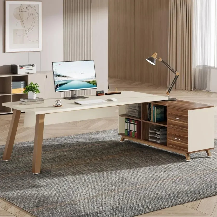 Spacious L-Shaped Executive Desk with Cabinet & Storage Shelves