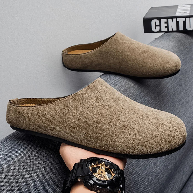 New Men's Slippers New Retro Solid Color Flat Bottom Women's Slingback Shoes Closed Toe Round Toe Suede Clogs Sandals Autumn