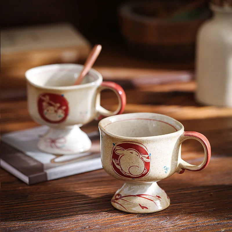 Retro Moon Rabbit Ceramic Coffee Cup | Coarse Pottery Mug