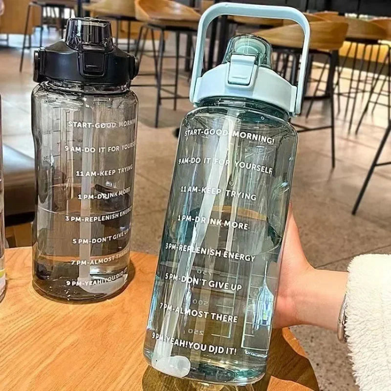 2L Large Capacity Sports Water Bottle with Straw & Time Marker