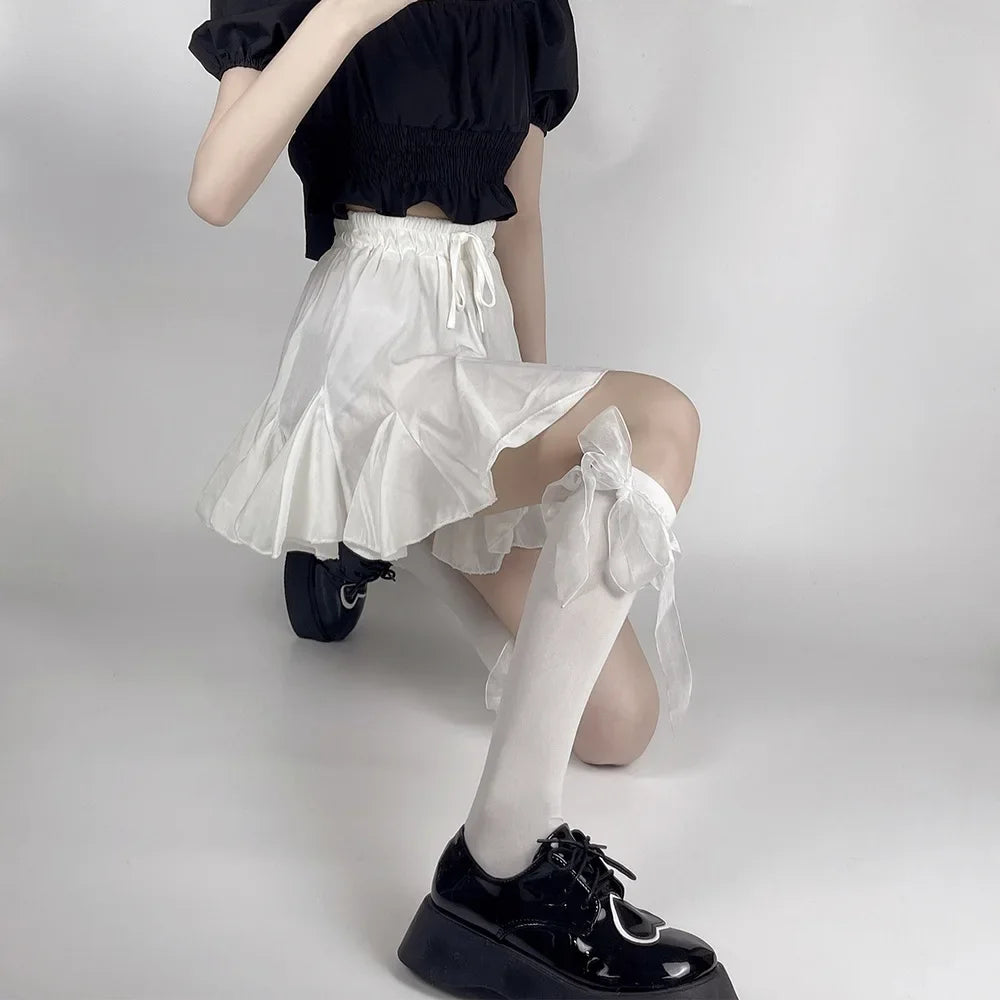 Kawaii Cute Black Stockings with Bowknot & Ruffles for Women