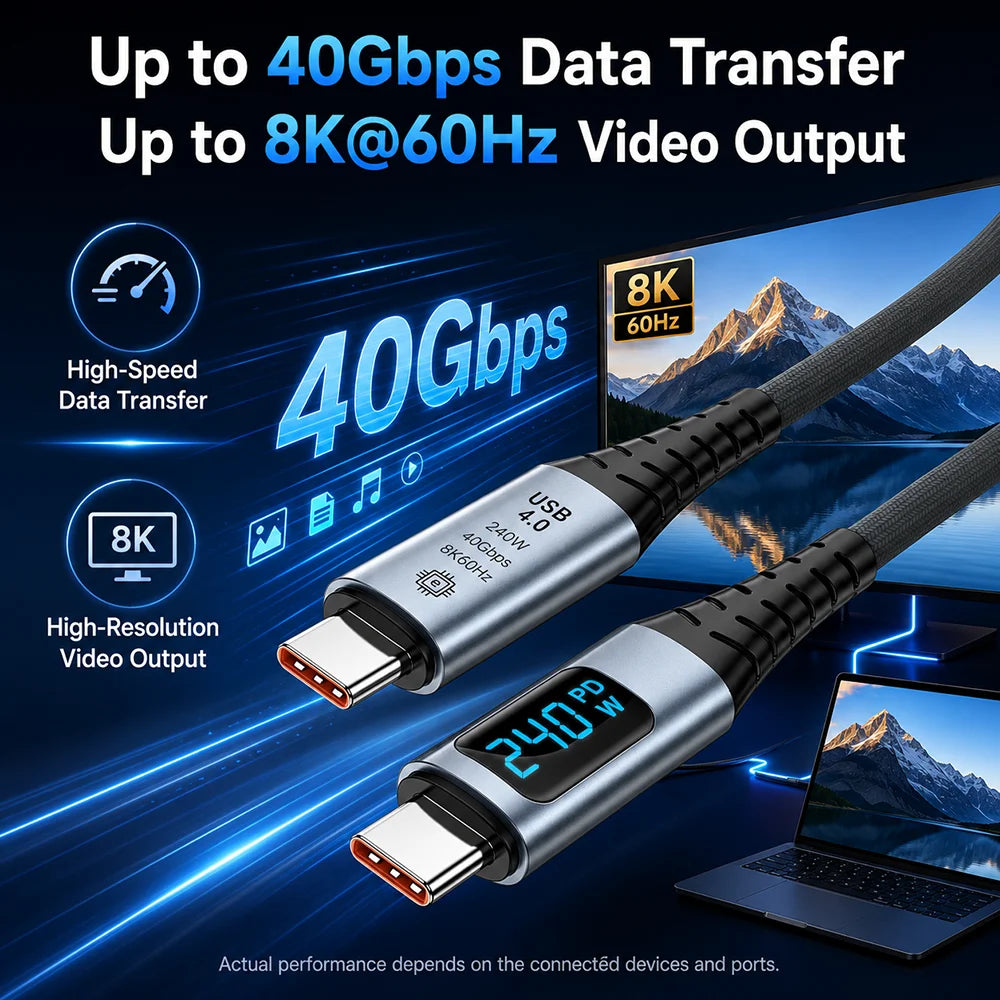 UGOjP USB4 Cable 240W PD Fast Charging with LED Display 40Gbps Data Transfer USB C to C Data Cable for Laptop Phone Tablet