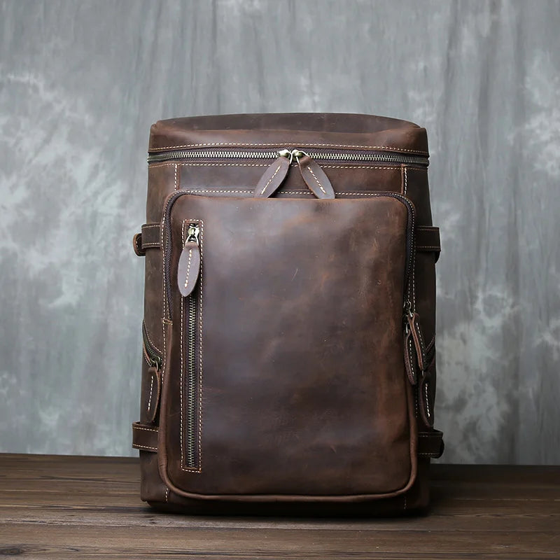 Retro Leather Vertical Backpack | Large Capacity Travel Bag for Men
