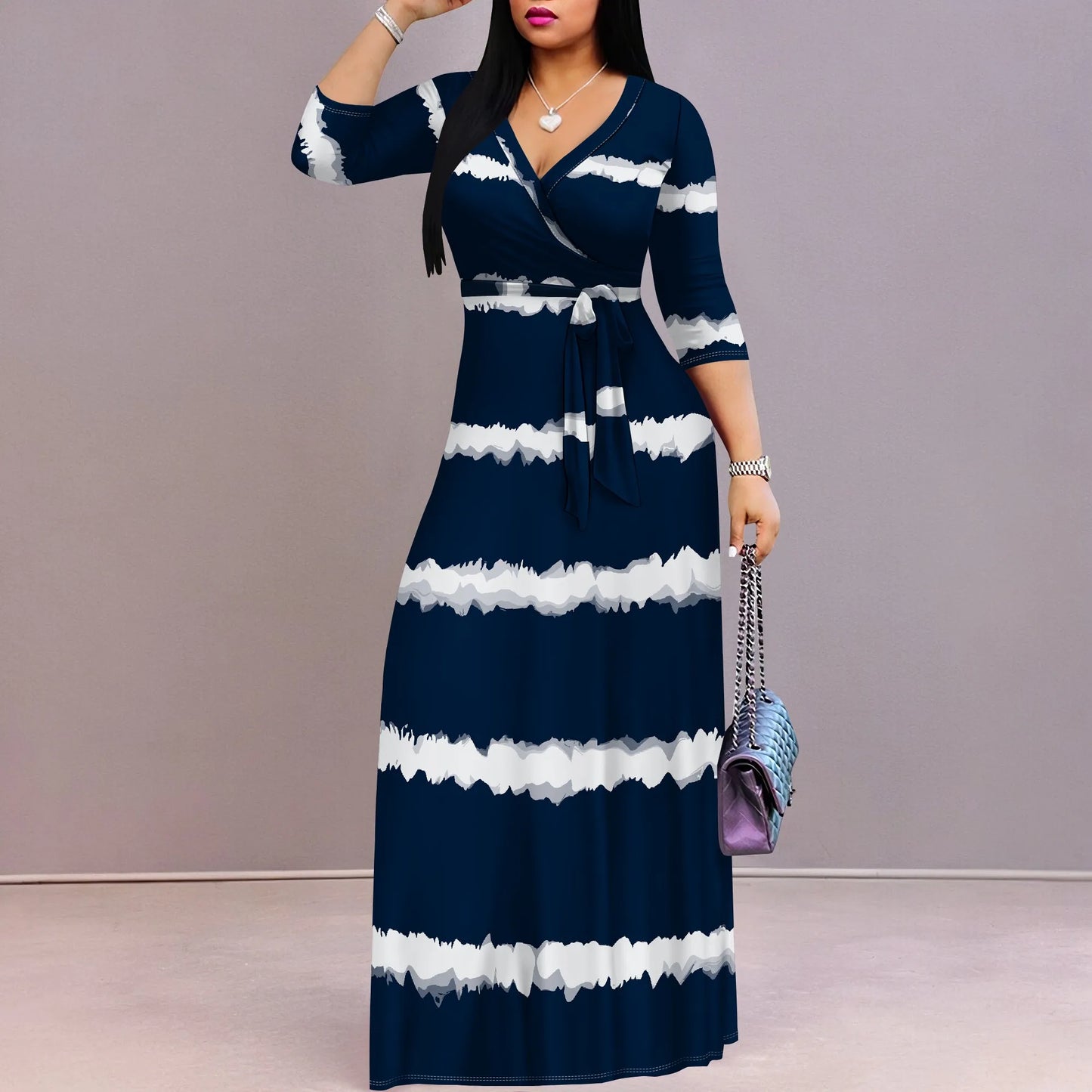 Colorful Tie-Dye V-Neck 3/4 Sleeve Wrap Maxi Dress for Women
