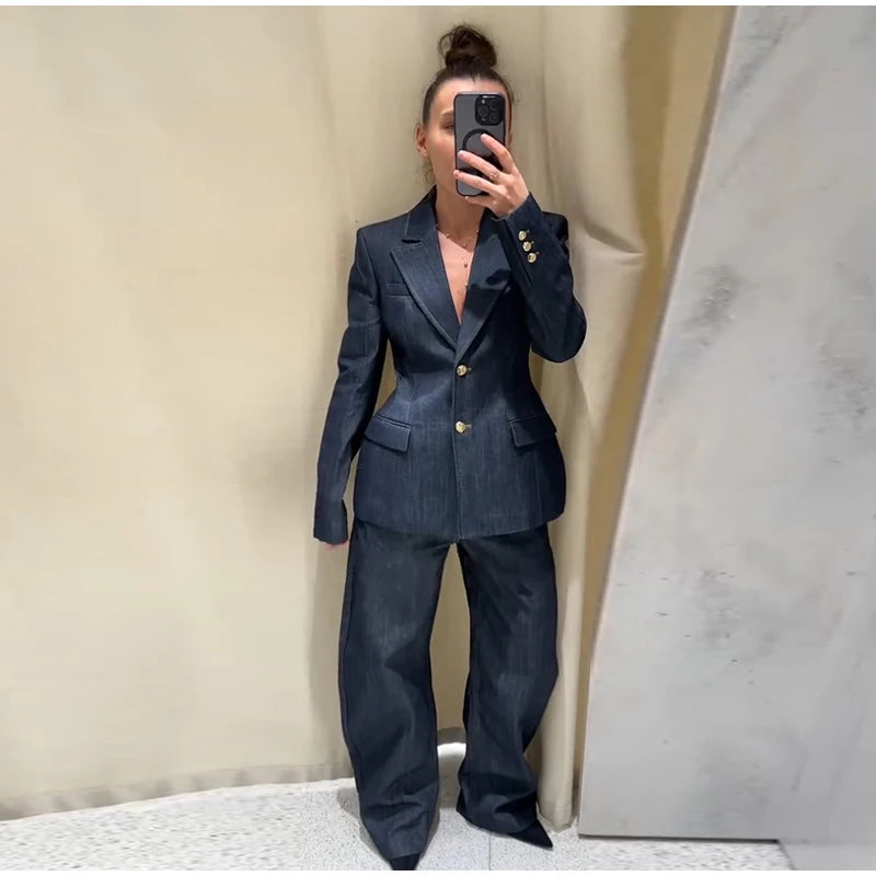 Women’s Retro Denim Vest Suit Jacket & High Waist Pants Set