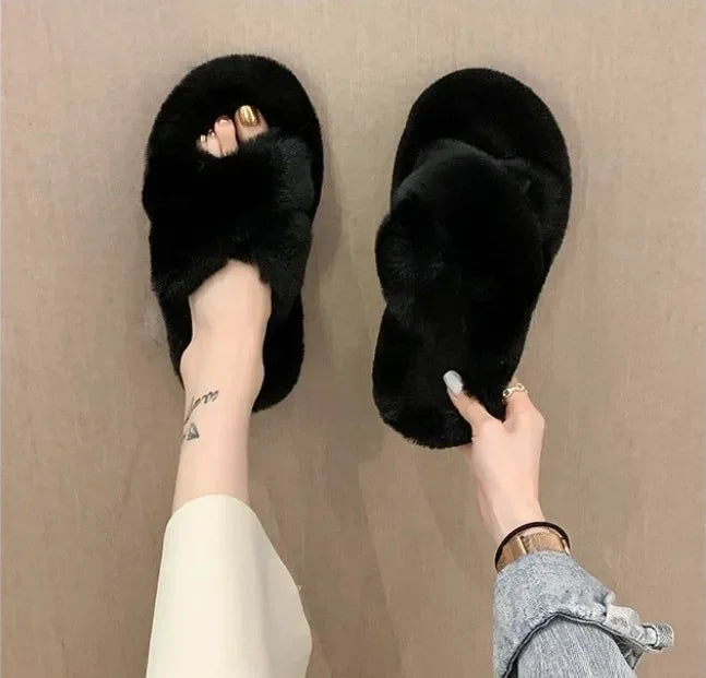 Cozy Double Fur Cross-Strap Plush Slippers | Warm Indoor Footwear