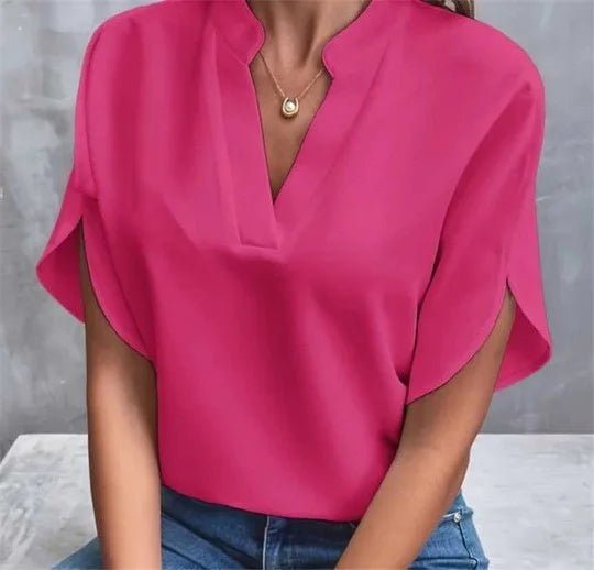Women's Summer Solid Color Casual V-Neck Short Sleeve Shirt