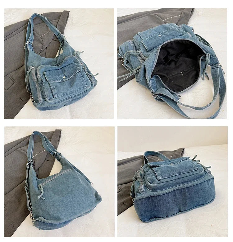 Trendy Solid Color Denim Shoulder Bag | Versatile Women's Crossbody