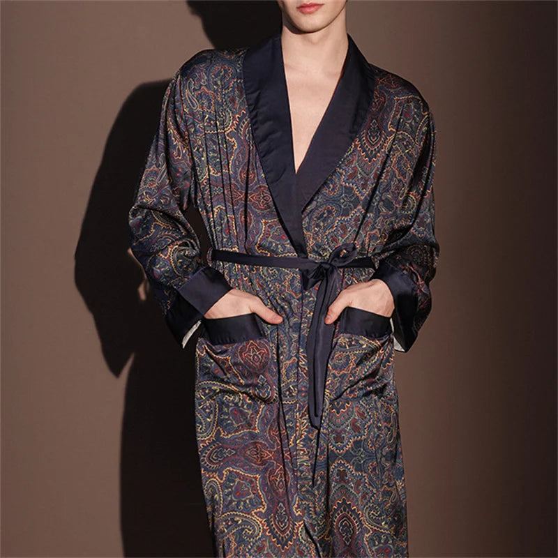 Spring Summer New Mens Robe Printed Bathrobe Kimono Gown Silky Satin Male Sleepwear Night Clothes Loose Casual Homewear Pajama