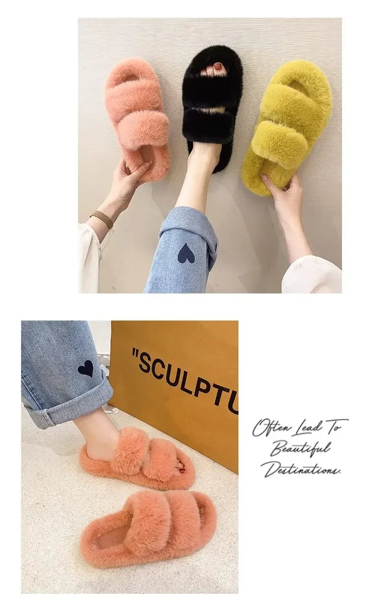 Cozy Double Fur Cross-Strap Plush Slippers | Warm Indoor Footwear