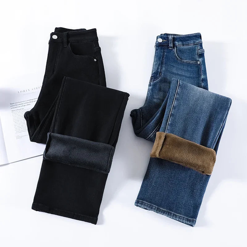 Women's Thickened Velvet Straight Jeans | Warm Fleece Pants