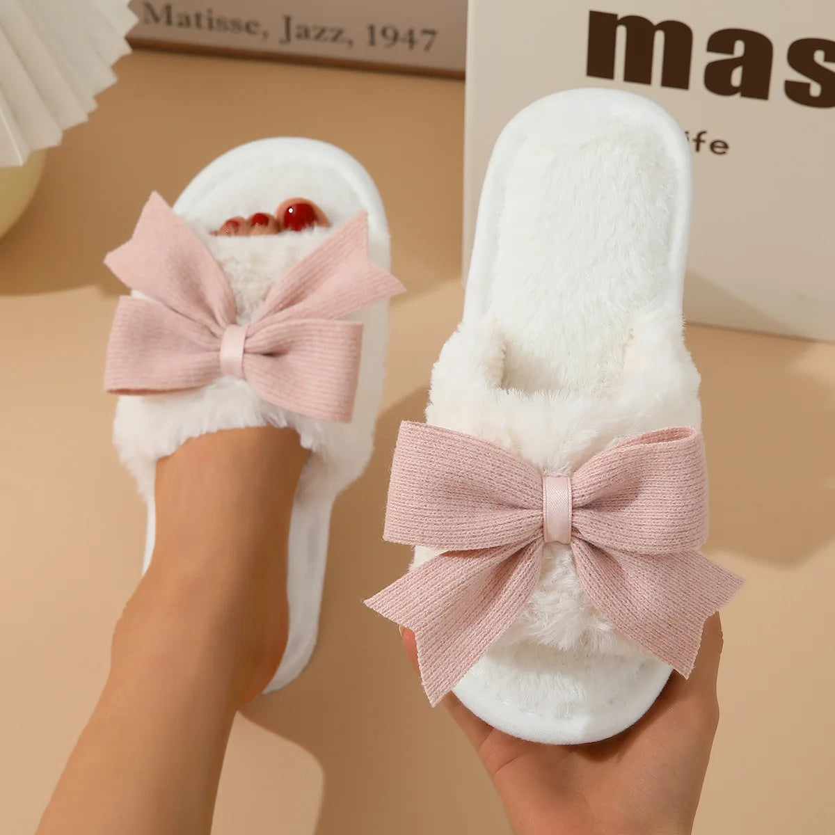 Women's Cute Bow Fluffy Suede Slippers | Warm Winter Indoor Slides