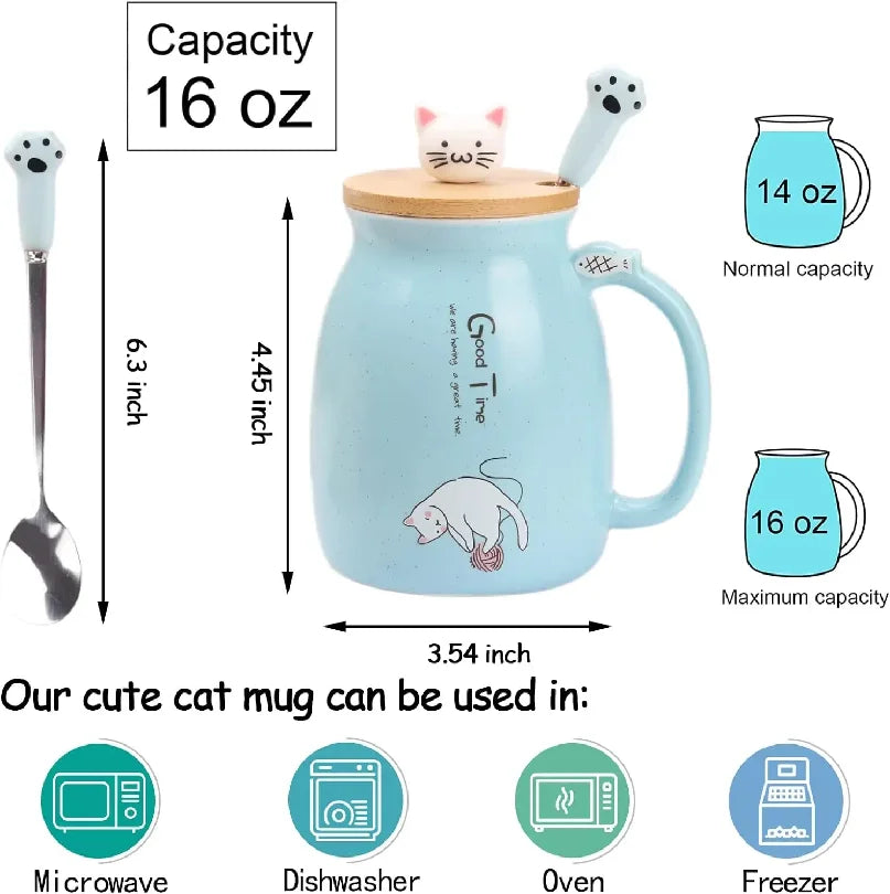 Cute Cat Ceramic Mug with Kitty Lid & Spoon | Perfect Gift for Cat Lovers