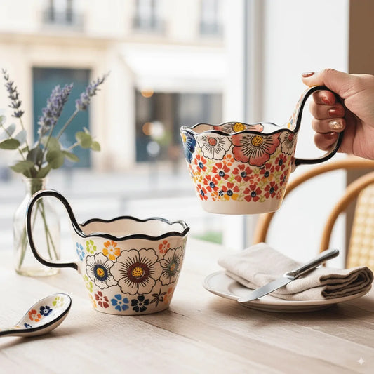 Taza de cerámica vintage de 400 ml con cuchara | Té y chocolate caliente duraderos