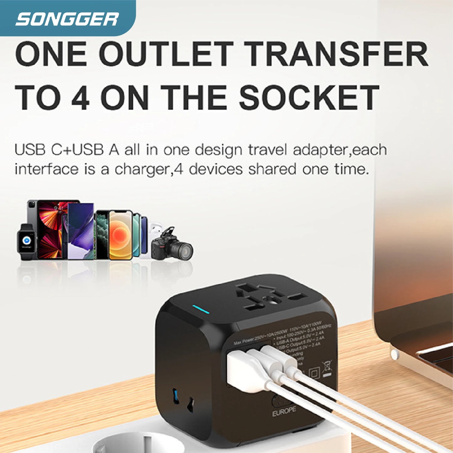Universal Travel Adapter with USB-C & USB-A | Worldwide Compatibility