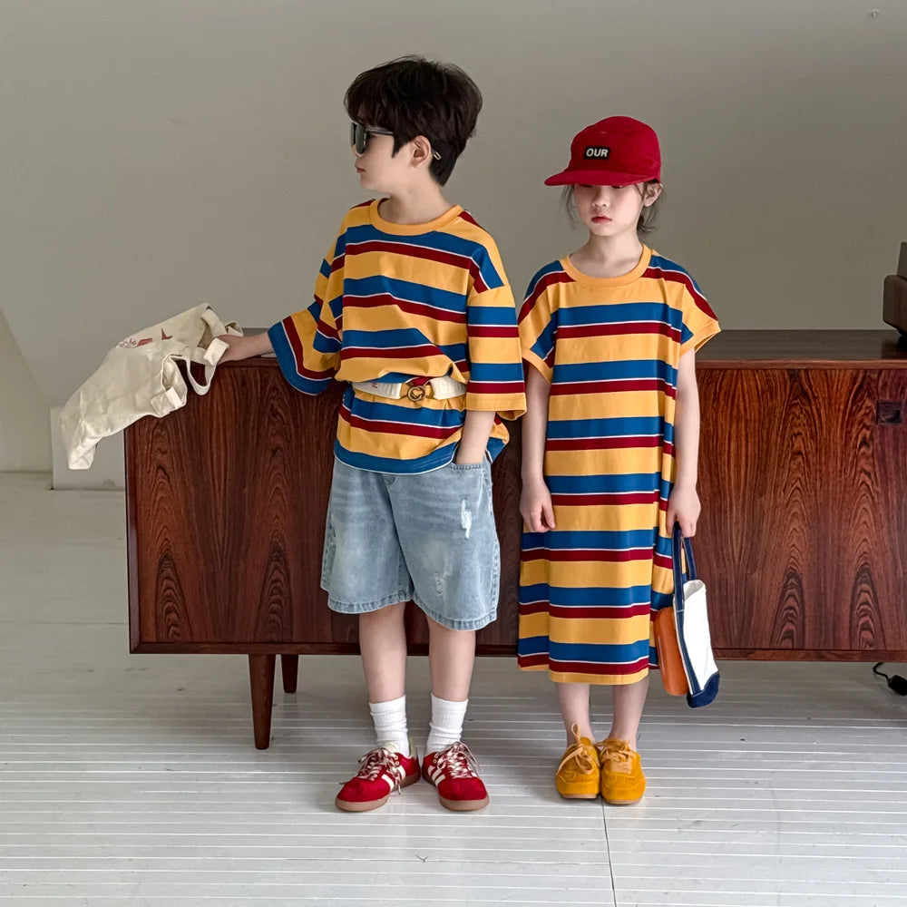 Children's Wide Striped Short-Sleeve T-Shirt for Summer Fun