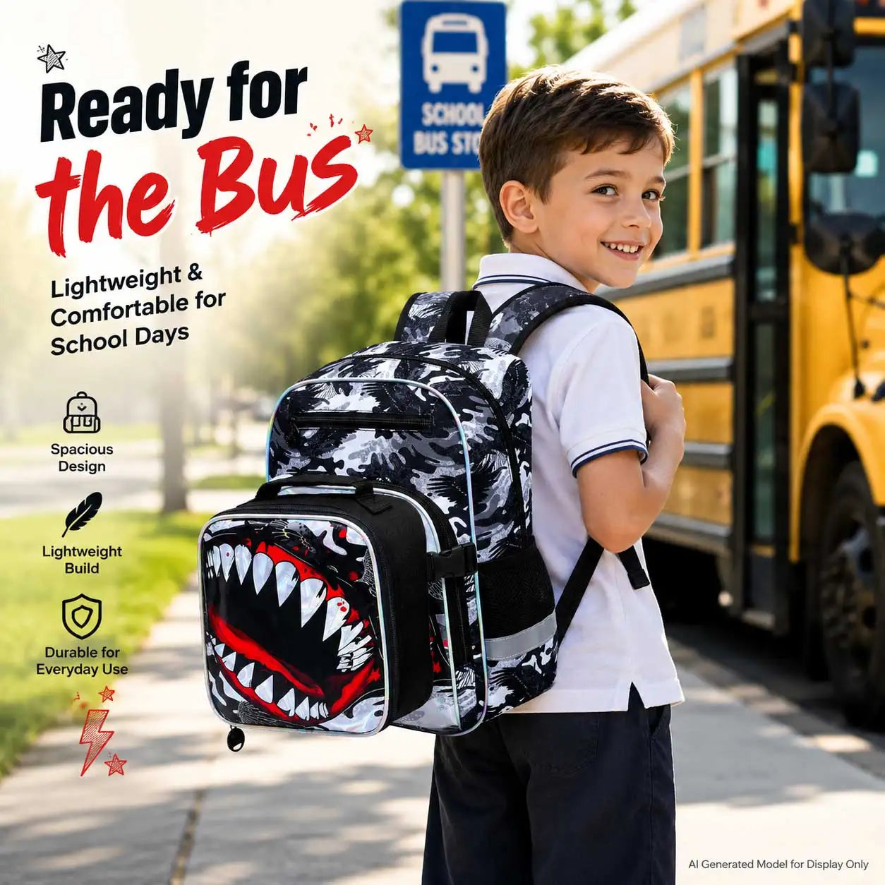 3pcs Boys Camo Shark Mouth School Backpack Set | Versatile Kids Gear