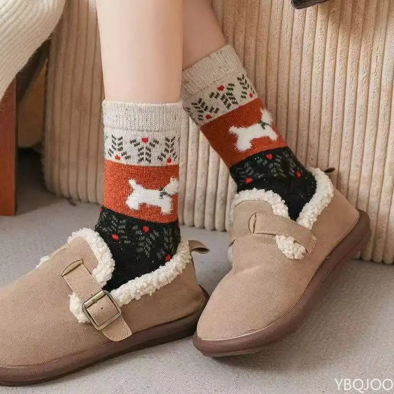 5 Pairs Dog Pattern Plush Women's Socks | Cozy Mid-Tube Styles