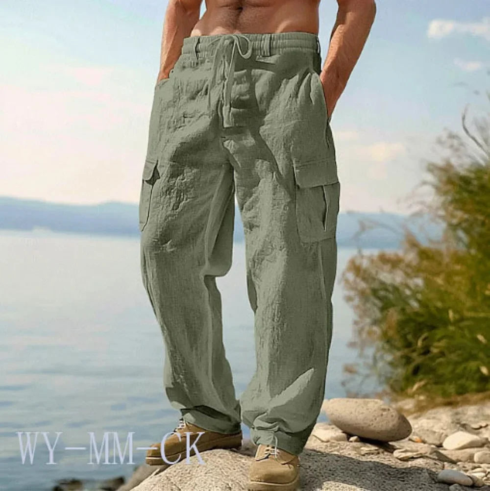 Men's Cotton Linen Multi-Pocket Trousers | Stylish & Functional Fit