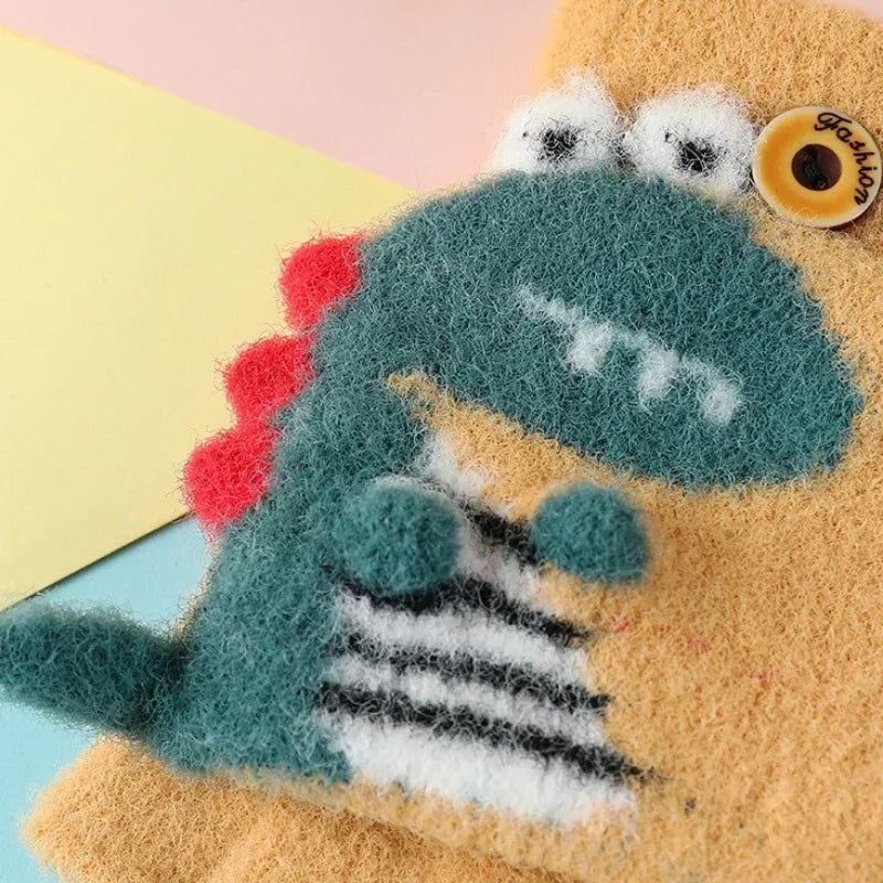 Kawaii Cartoon Dino Kids Half Finger Gloves | Winter Warmth for Fun