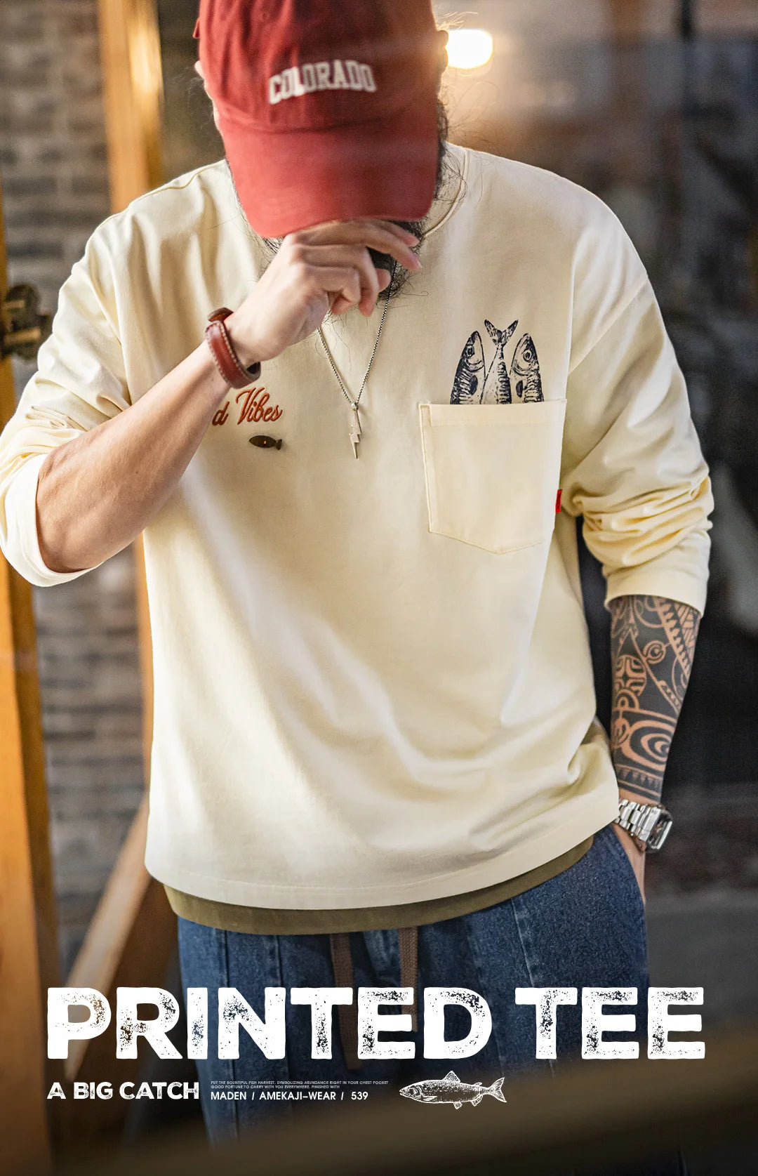 Men's Cotton Fish Printed Long Sleeve Tee | Casual Comfort Wear